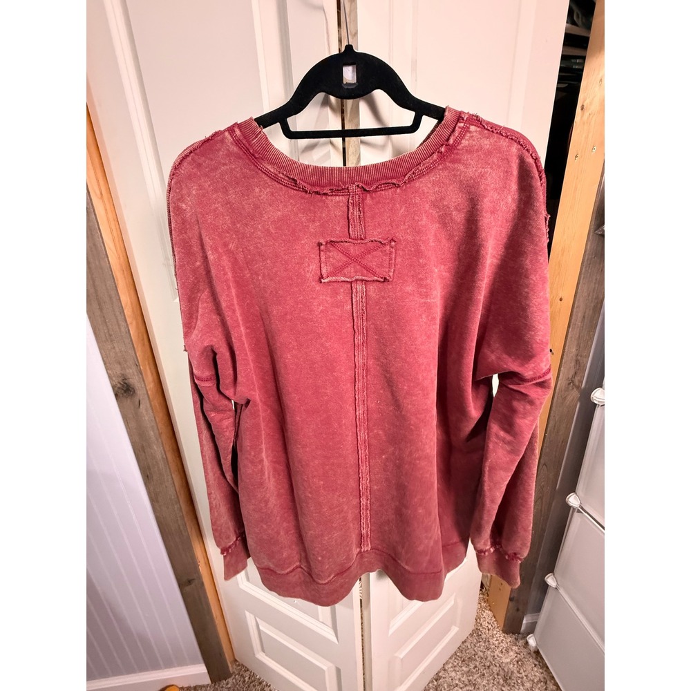 Zenana Acid Wash Sweatshirt Rose Red Oversized Pocket Pullover Top L/XL - Picture 4 of 4